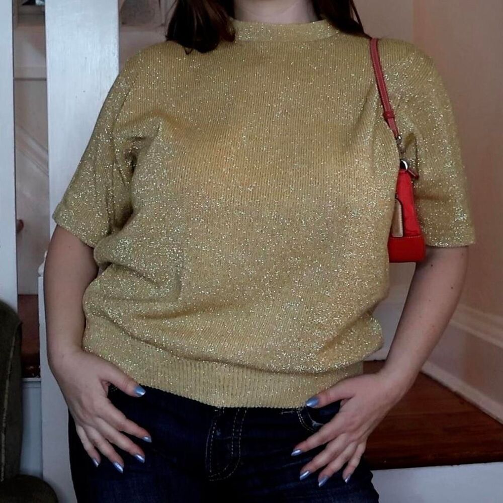 Gold Alfred Dunner Short Sleeve Sweater Sz L Knit Glittery Whimsigoth Vintage
